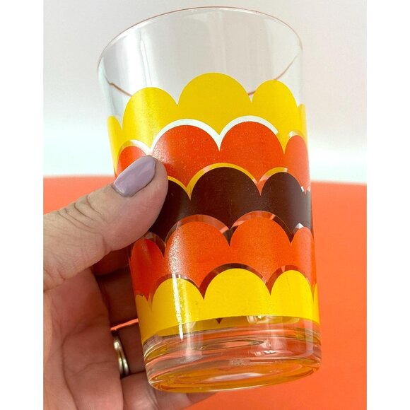 Vintage 70s water glass tumbler, groovy orange yellow brown wave print, Italy - Picture 5 of 8